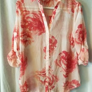 Pink and coral flower chiffon 3/4 sleeve shirt